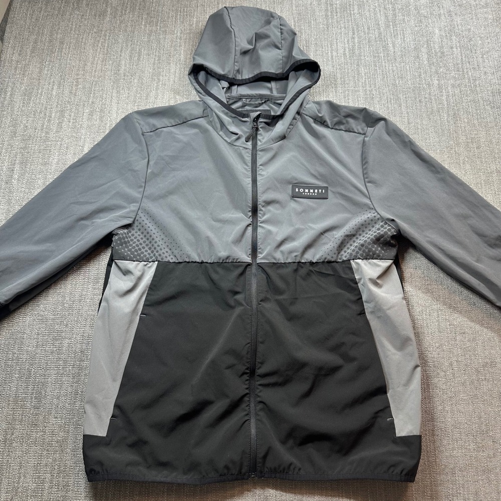 Sonneti London Windbreaker Mens Large Grey Black  Hooded Zip Jacket
